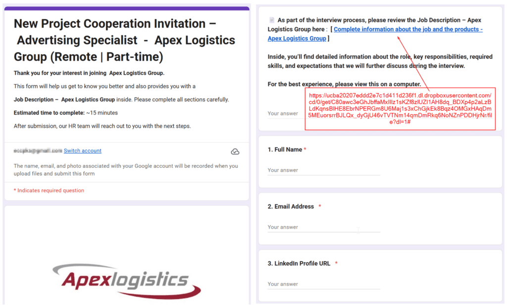 Professional Networks Under Attack: Vietnam-Linked Actors Deploy PXA Stealer in Global Infostealer Campaign 5 Figure 5 Google Form with hyperlink